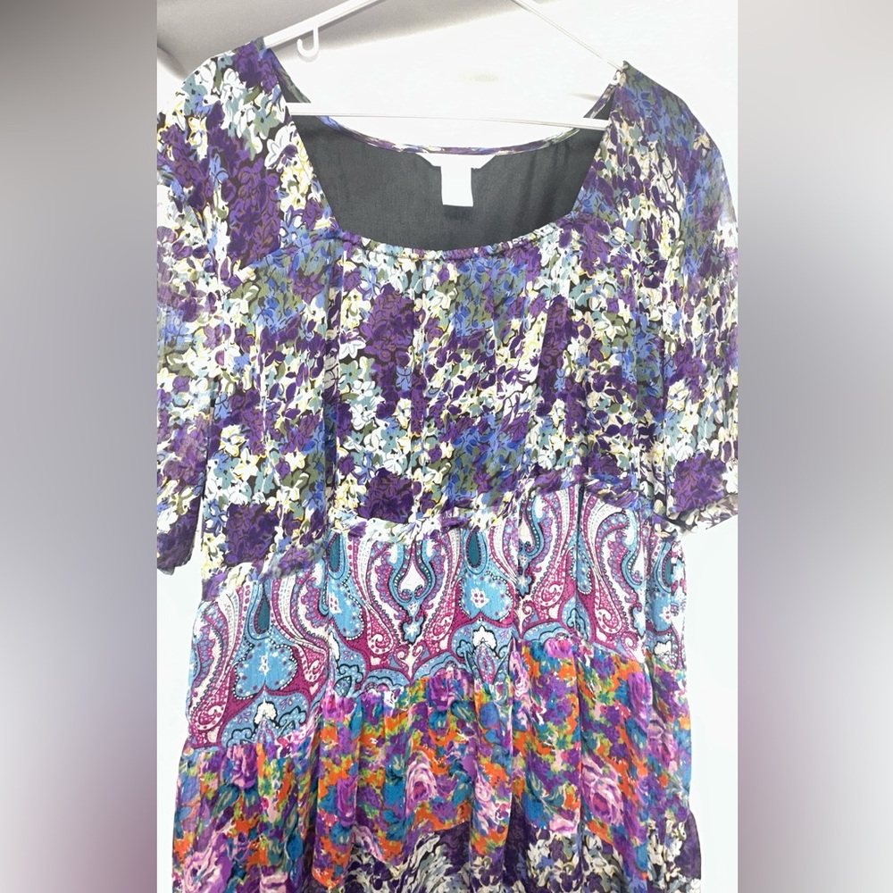 Silhouette Boho Blouse Scoop Neck Tunic in Purple, Teal and White Size 2X